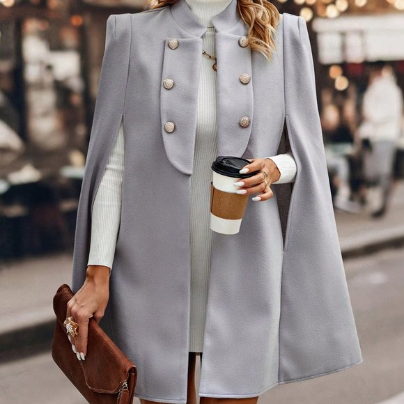 Light Grey Casual Womens Cloak Sleeve Double Breasted Cape Overcoat - Picture 2 of 5